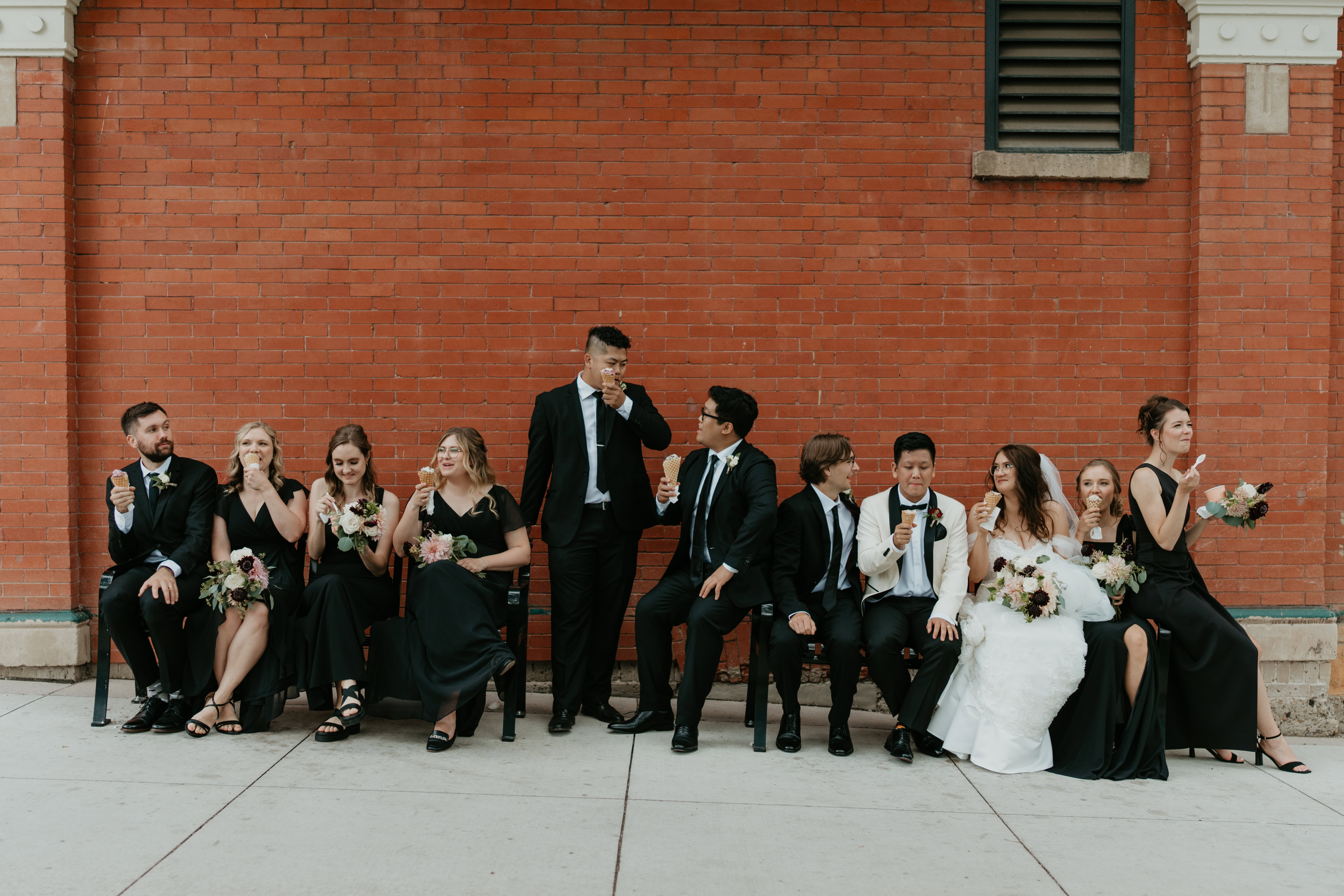wedding party eating ice cream, candid wedding photo