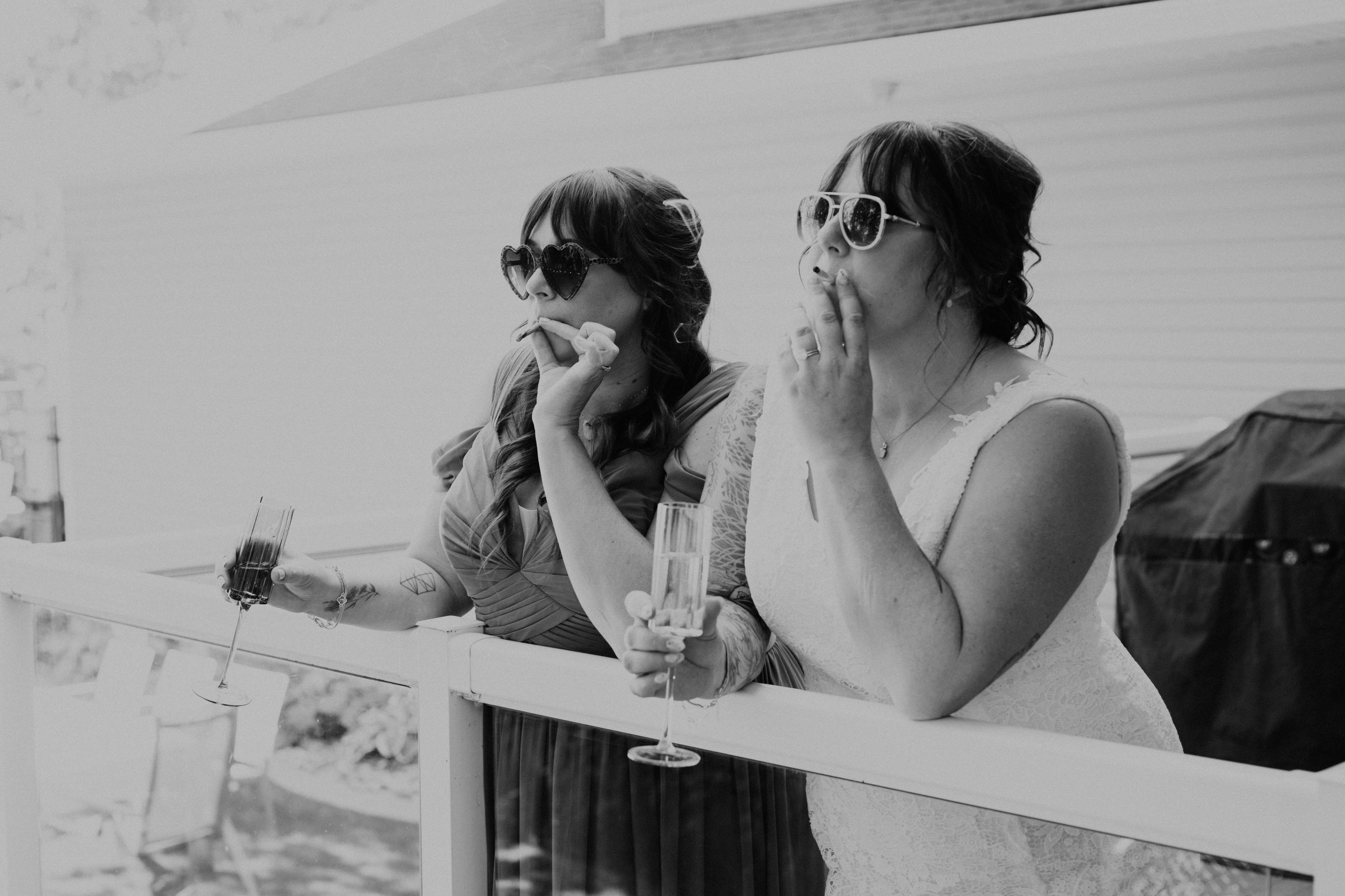 bride and best person smoking